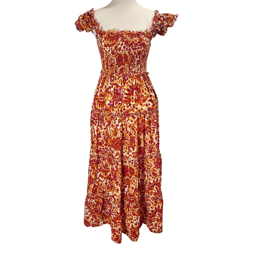 House of Harlow 1960 Zoey Floral Smocked Maxi Dress Tiered Boho Size Small
